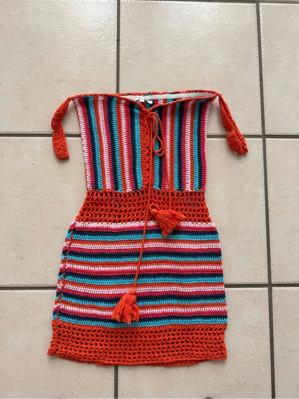 Olivaceous Striped Crochet Mini Dress in Orange, Teal, White